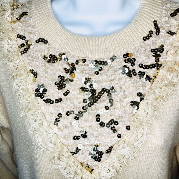 Modcloth Molly Bracken Gold Sequin Lace Yoke Sweater Cream S - Picture 4 of 9